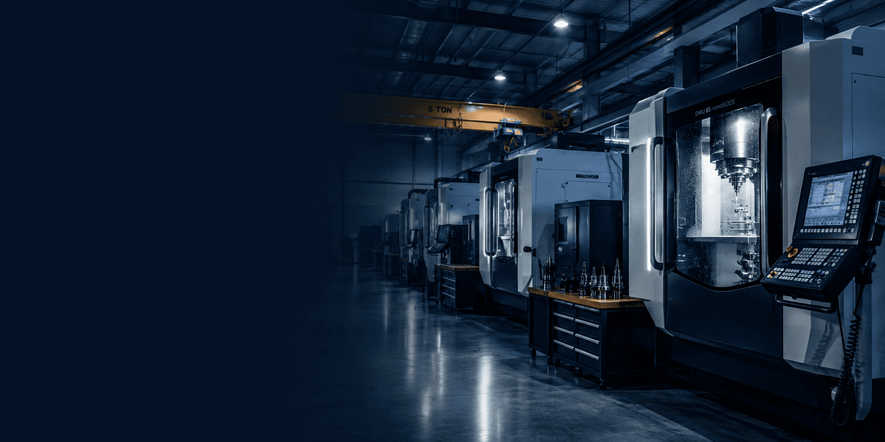 Press line at dusk on a manufacturing floor