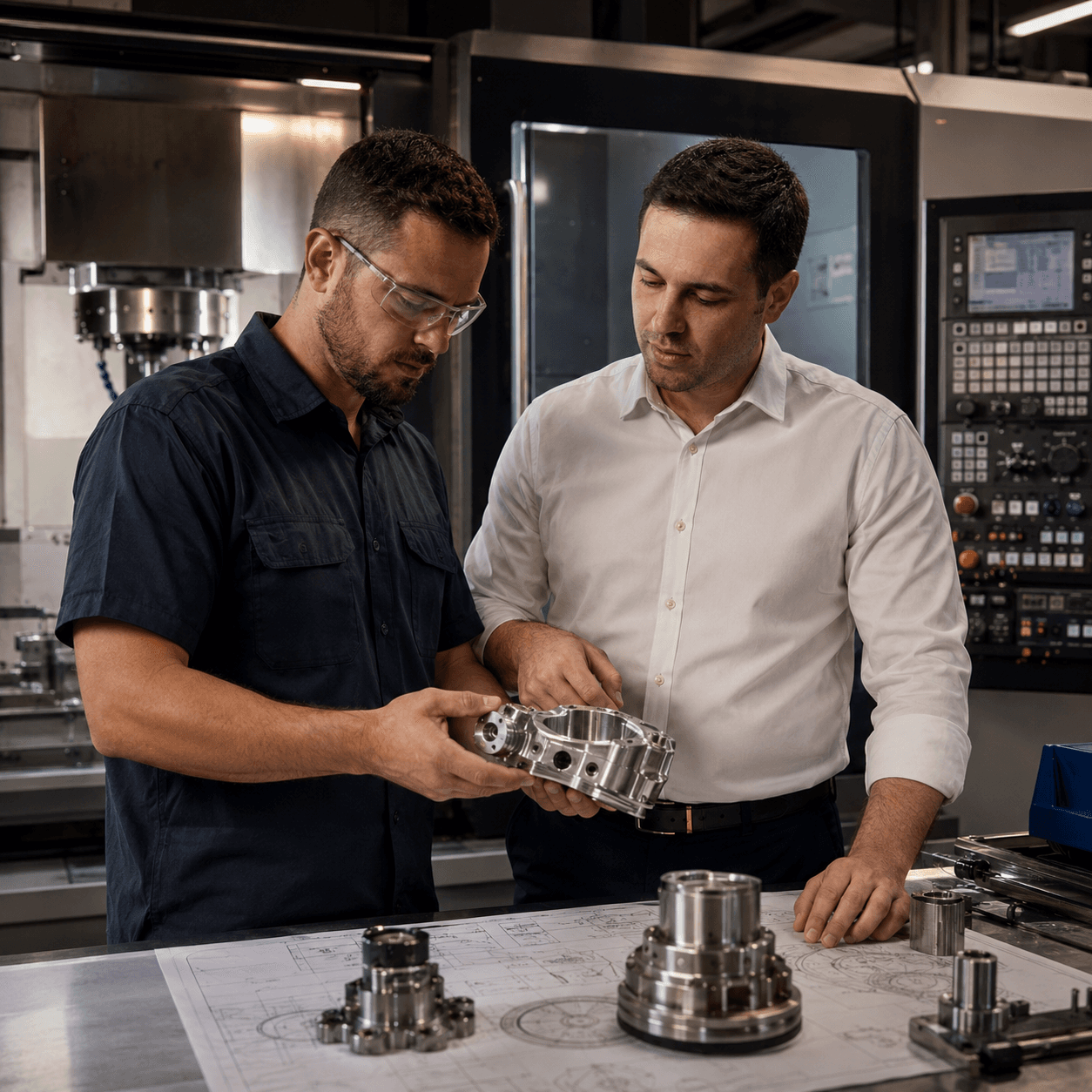 Two operators reviewing a print at the machine